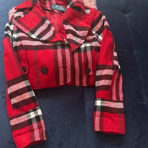 Ci Sono Red and Black Plaid Kids Pea Coat - Picture 1 of 6